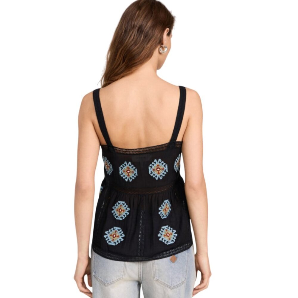 The GREAT Roam Tank Top Blouse Womens 0 Black Blue Folklore Embroidered Cotton - Picture 3 of 11